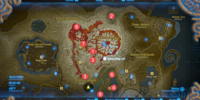 Breath of The Wild All Shrine Location - Eldin Mountains Tower Shrine Map (Nintendo)