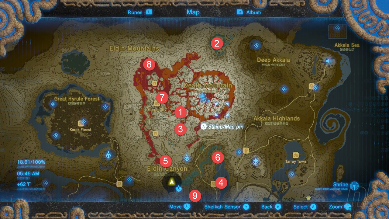 Breath of The Wild All Shrine Location - Eldin Mountains Tower Shrine Map (Nintendo)